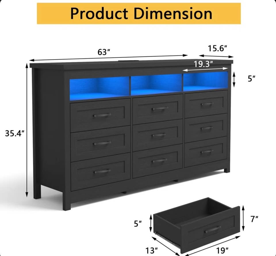 63” 9-Drawer Dresser / TV Stand with LED Lights & Charging Stati - photo 4