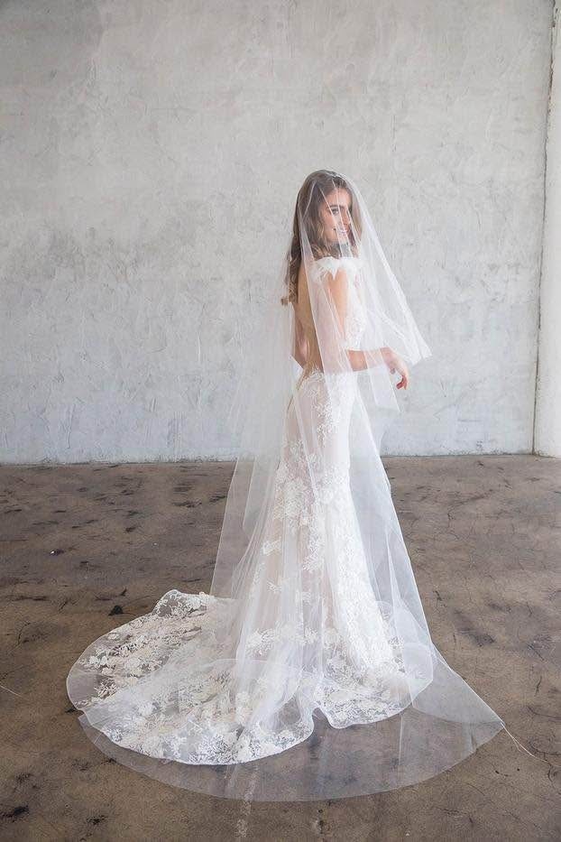 Designer Floor-Length Wedding Veil with Blusher (White) - photo 2