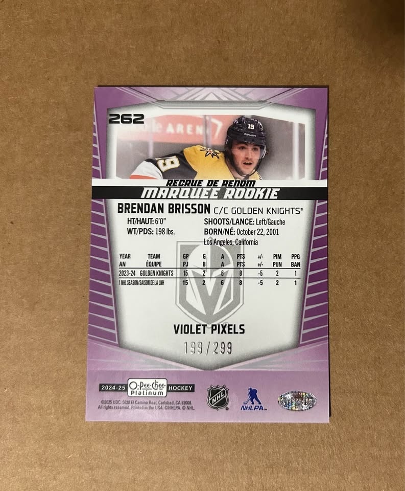 2024-25 OPC Platinum Brendan Brisson Violet Pixels Rookie /299 - photo 2
