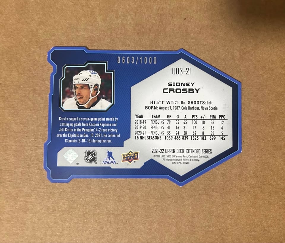 2021-22 Upper Deck Sidney Crosby UD3 Die Cut /1000 - photo 2