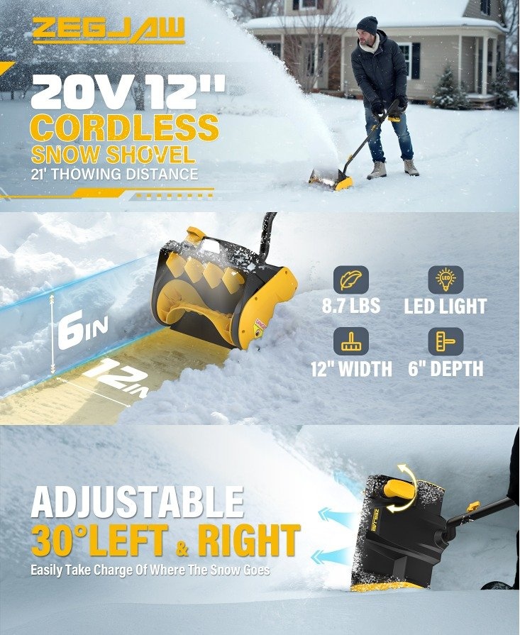 20V 12-Inch Cordless Snow Blower/Shovel w/ LED Light