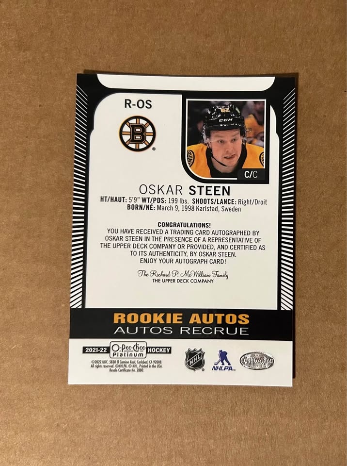 2021-22 OPC Platinum Oskar Steen Rookie Autos - Boston Bruins - photo 2
