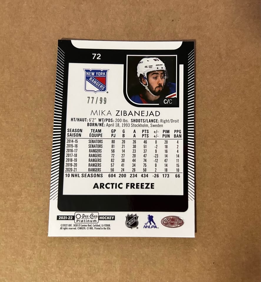 2021-22 OPC Platinum Mika Zibanejad Arctic Freeze /99 - NY Range - photo 3