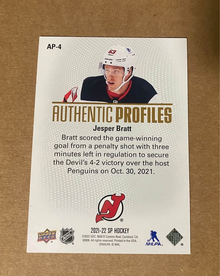 2021-22 SP Authentic Jesper Bratt Authentic Profiles /399 - photo 2