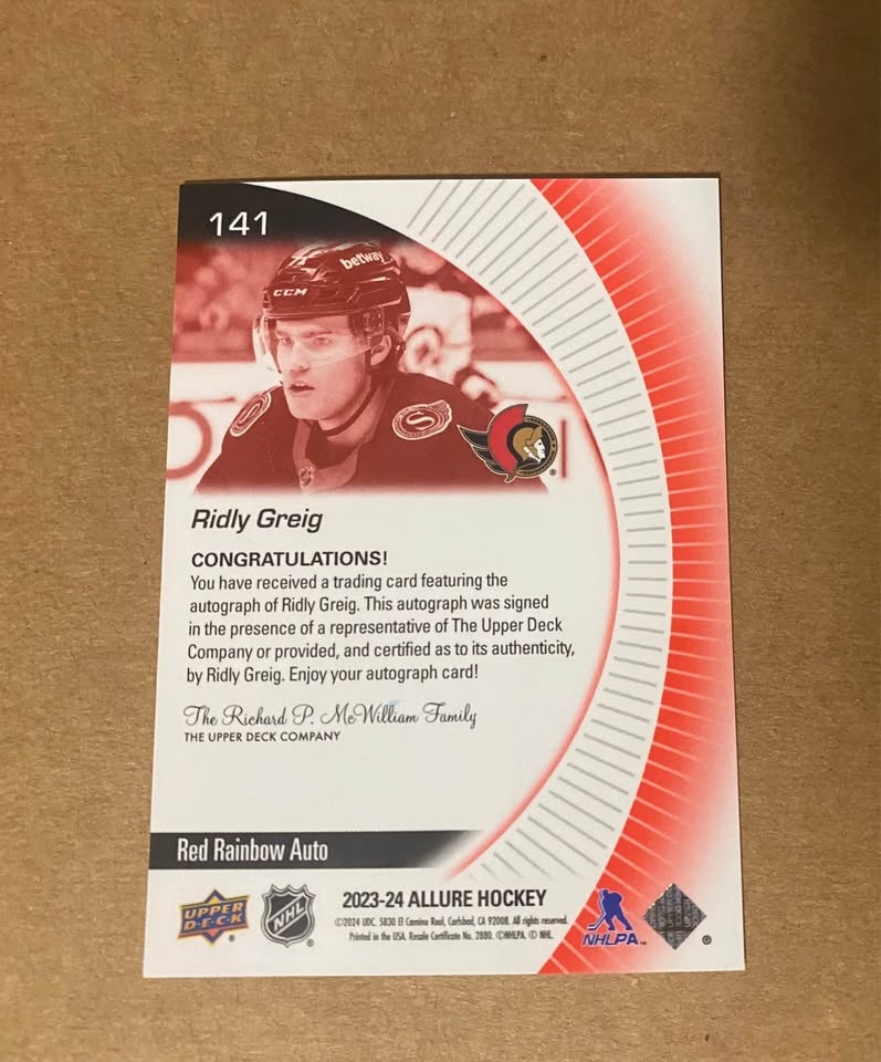 2023-24 Allure Ridly Greig Red Rainbow Auto Rookie - Ottawa Sena - photo 2