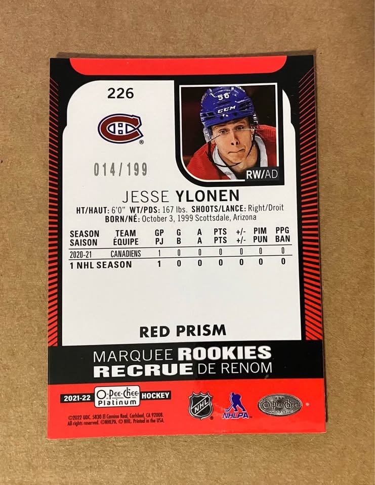 2021-22 OPC Platinum Jesse Ylonen Rookie Red Prism /199 RC - photo 2