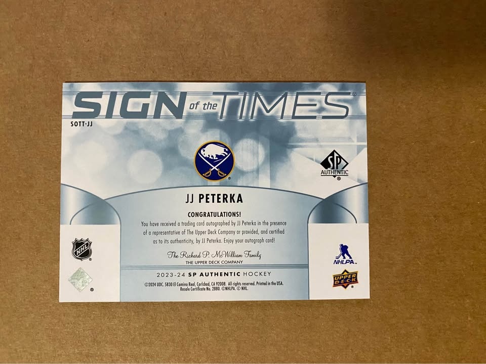 2023-24 Upper Deck SP Authentic JJ Peterka Auto - photo 2
