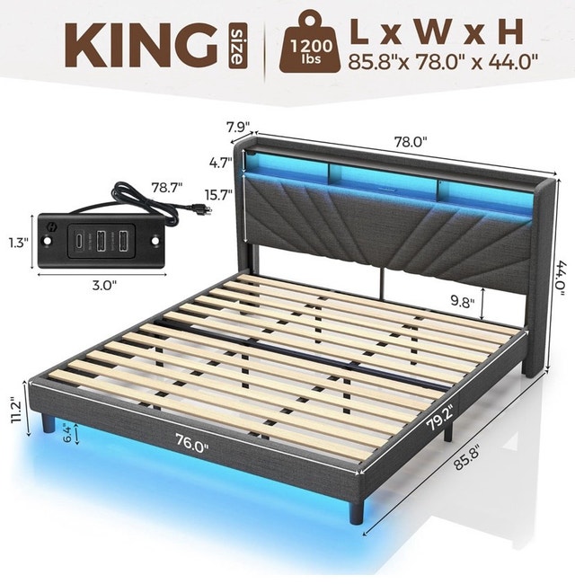 King Size Bedframe & Headboard with LED and USB