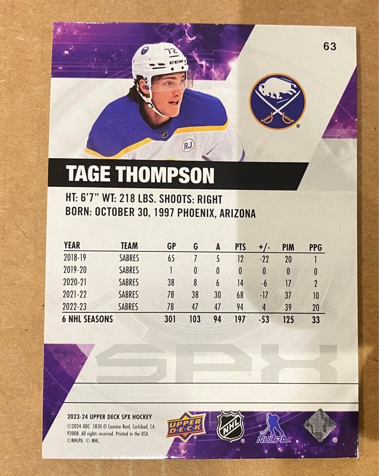 2023-24 SPX Tage Thompson Base /299 - Buffalo Sabres - photo 2