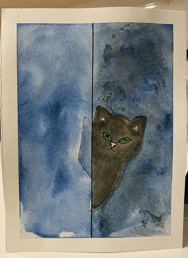 Watercolor Kitty Peaking out of the Corner