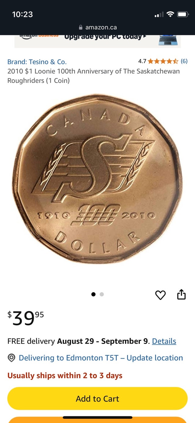 2010 Saskatchewan Roughriders Centennial Dollar Coin - photo 3