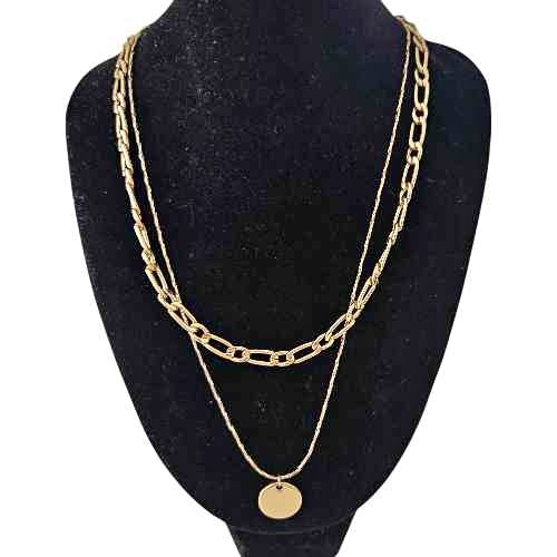 Layered Gold Tone Chain Necklace with Coin Pendant