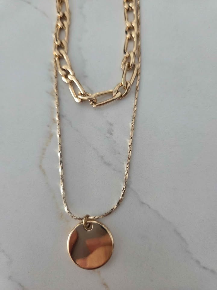 Layered Gold Tone Chain Necklace with Coin Pendant - photo 3