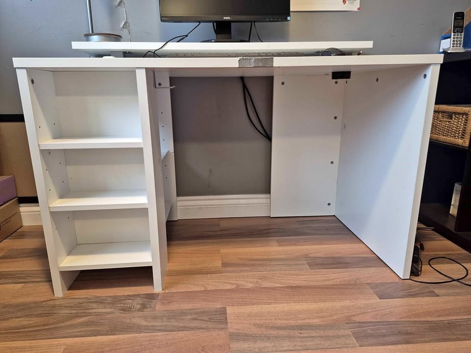 White Desk w/ Monitor Riser & Shelves