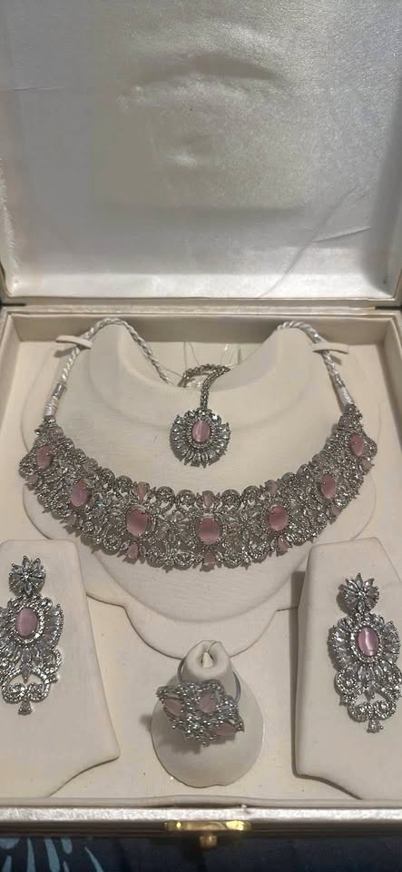 Elegant Silver & Pink Stone Bridal Jewelry Set