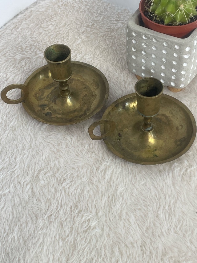 Vintage Brass Chamberstick Candle Holders w/ Finger Holders