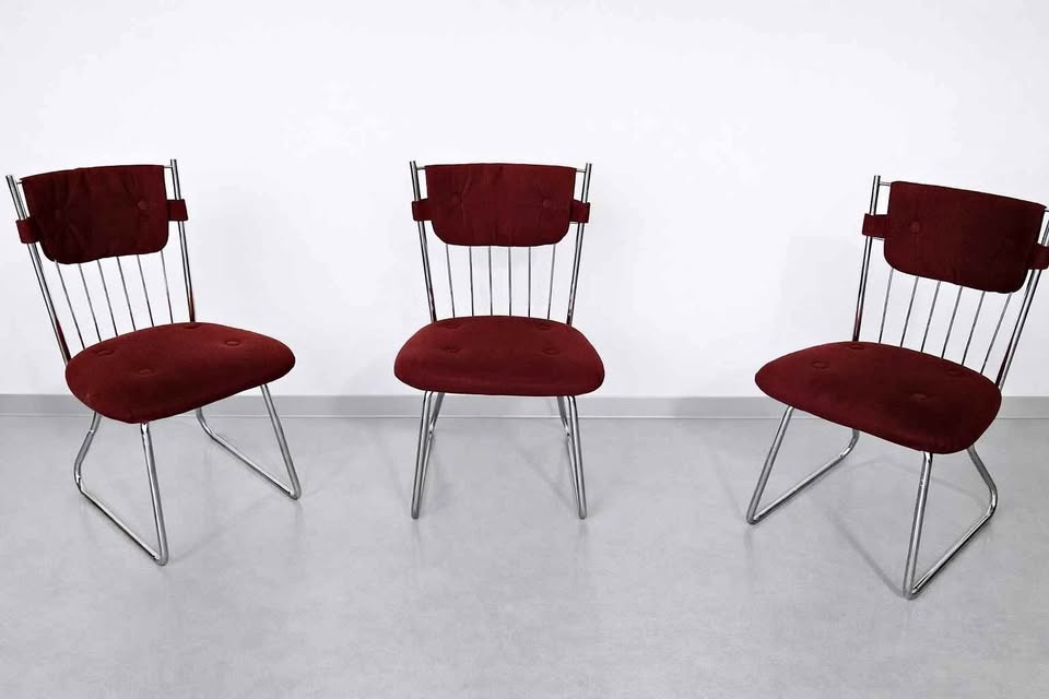 Set of 3 burgundy mid century retro dining upholstered chairs wi