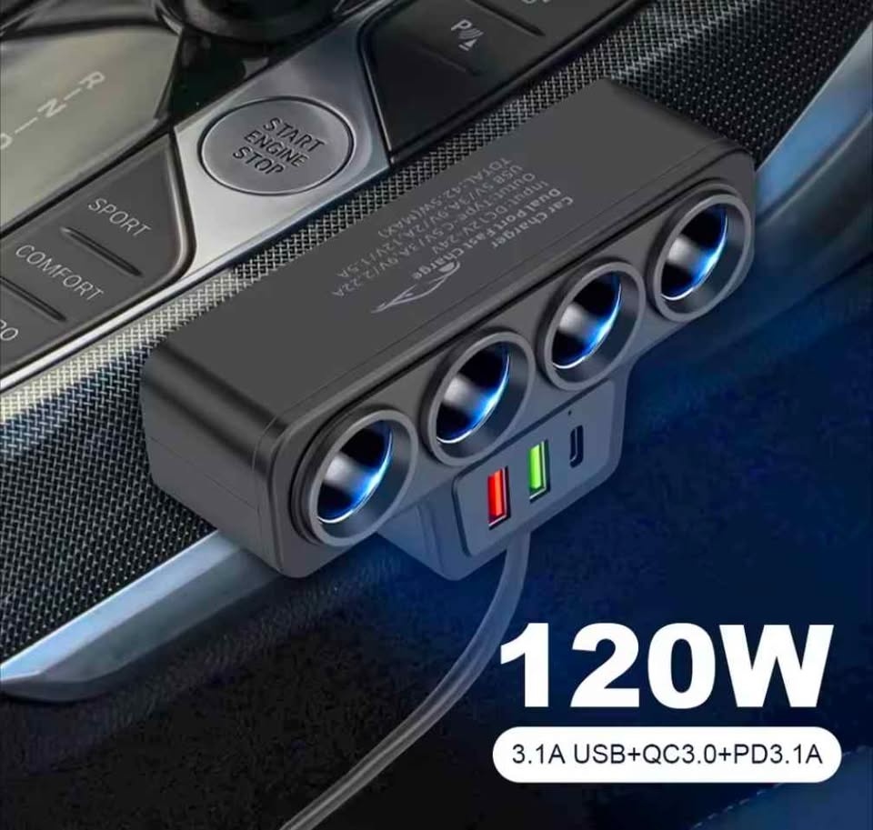 120W Car Charger USB C, 4-Way Plug Converter - photo 2