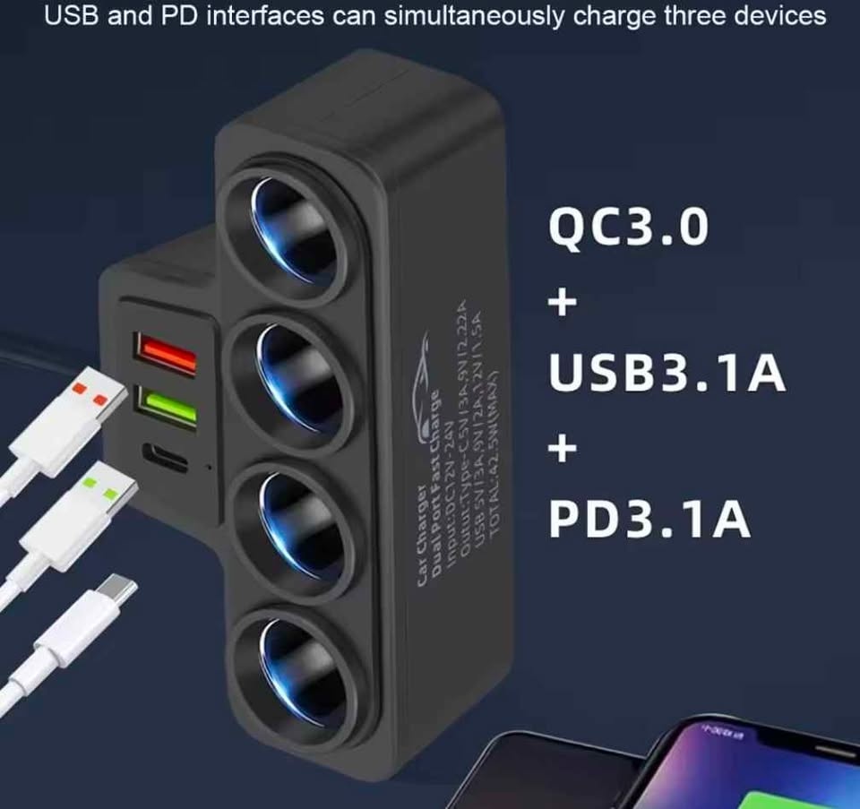 120W Car Charger USB C, 4-Way Plug Converter - photo 3