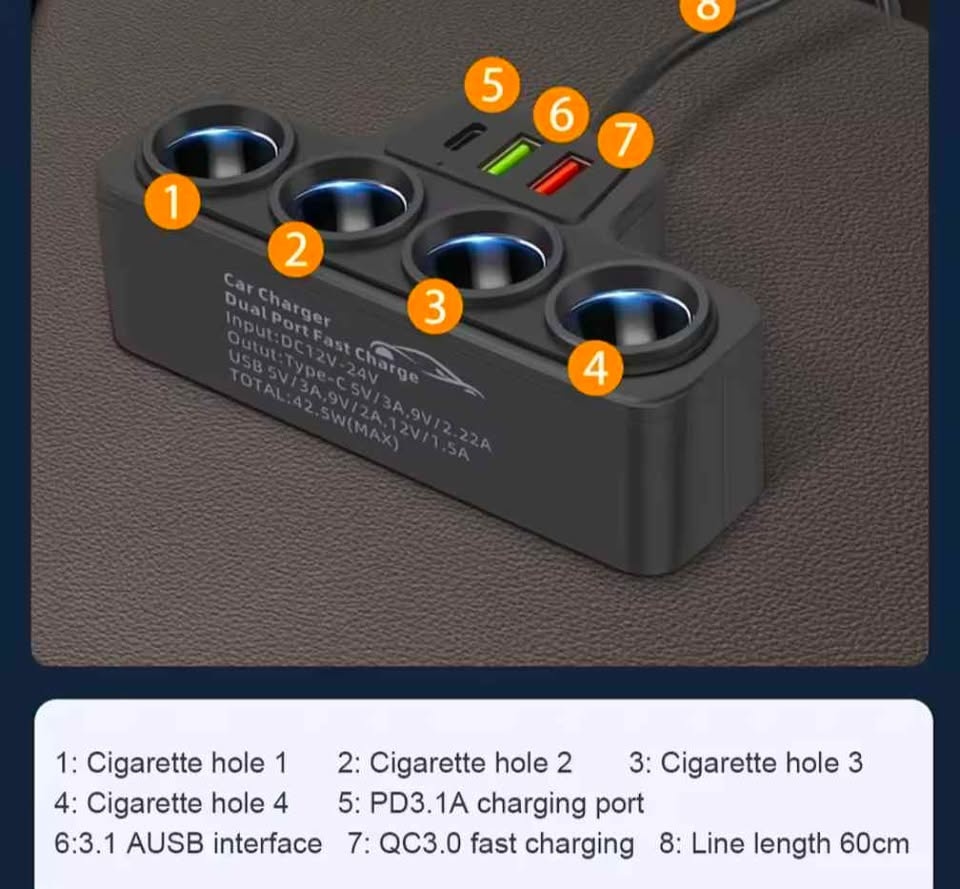 120W Car Charger USB C, 4-Way Plug Converter - photo 4