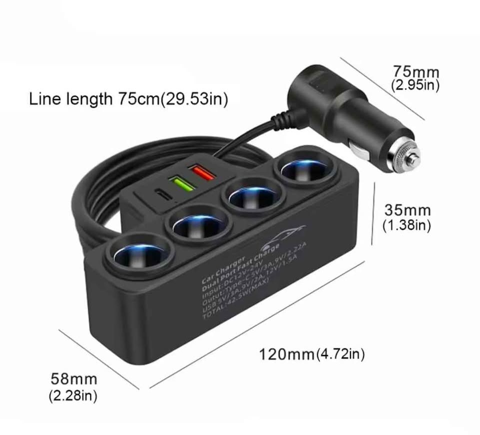 120W Car Charger USB C, 4-Way Plug Converter - photo 5