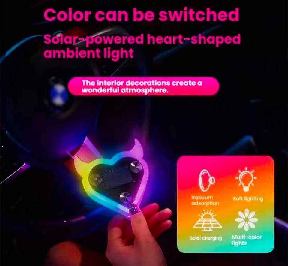 Solar LED Heart Dashboard Light – Neon Car Interior Decoration - photo 2