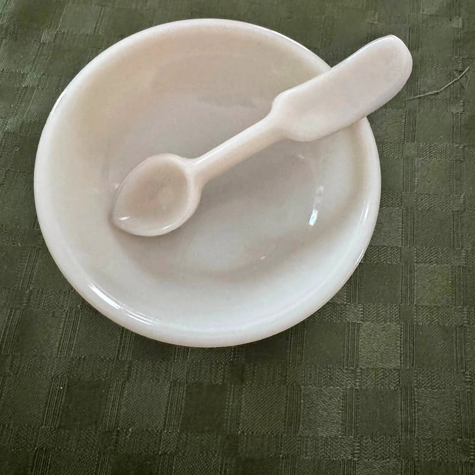 Milk glass / depression glass child's bowl and spoon