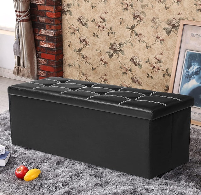 New 43" Folding Storage Ottoman Bench - Black Leather - photo 2