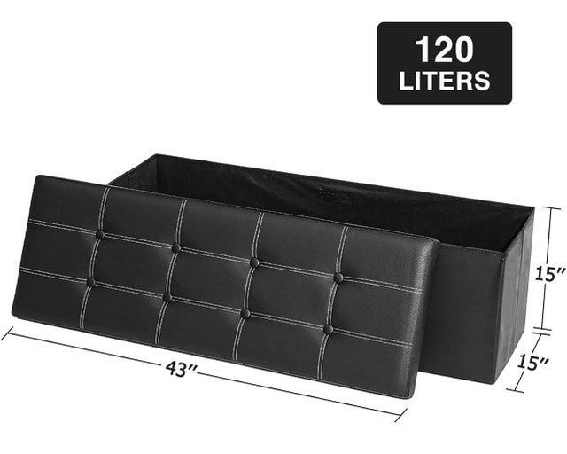 New 43" Folding Storage Ottoman Bench - Black Leather - photo 3
