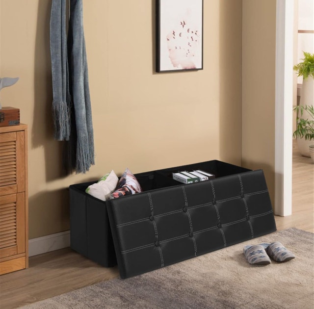 New 43" Folding Storage Ottoman Bench - Black Leather - photo 4