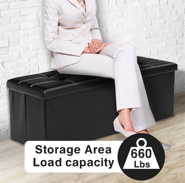 New 43" Folding Storage Ottoman Bench - Black Leather - photo 5