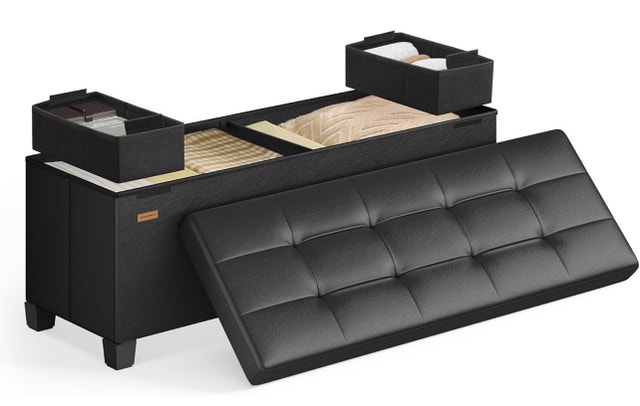 SONGMICS Storage Ottoman Bench with Legs, Black Leather