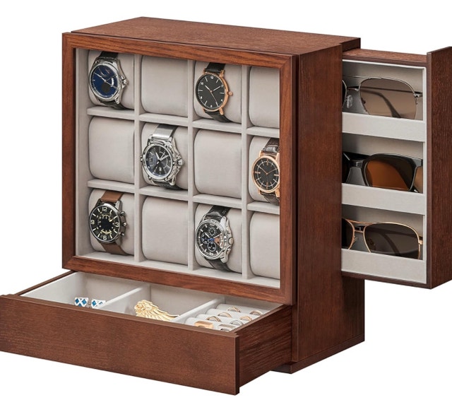 12-Slot Watch Box - Solid Wood Veneer, Coffee Brown