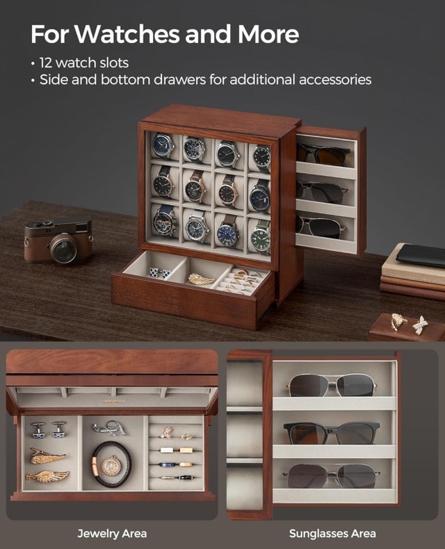 12-Slot Watch Box - Solid Wood Veneer, Coffee Brown - photo 3