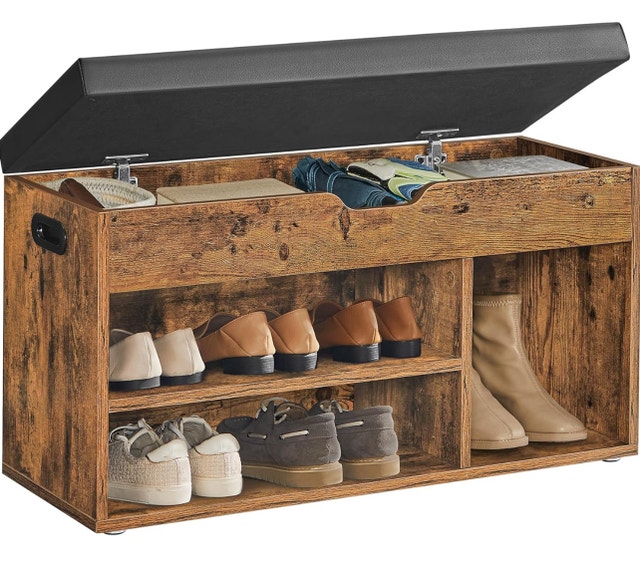 New Storage Shoe Bench with Cushion - Rustic Brown/Black