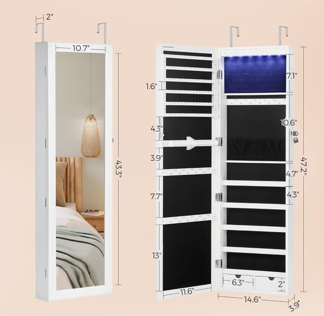 6 LED Mirror Jewelry Cabinet - Lockable Wall/Door Mount - photo 2