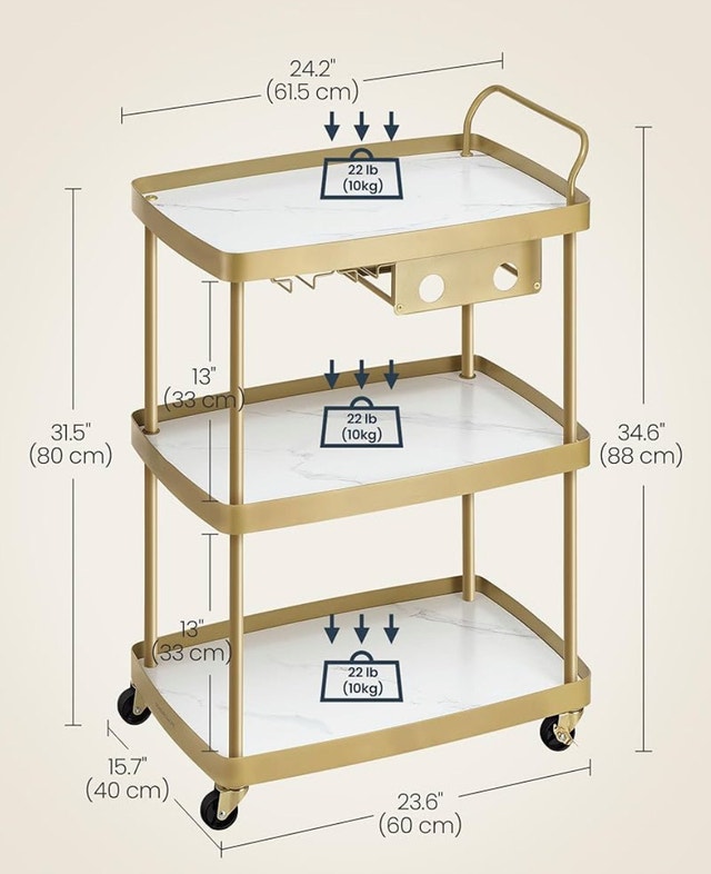SONGMICS 3-Tier Bar Cart - Gold & Faux Marble - photo 3