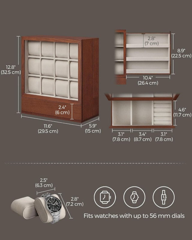 12-Slot Watch Box - Solid Wood Veneer, Coffee Brown - photo 2