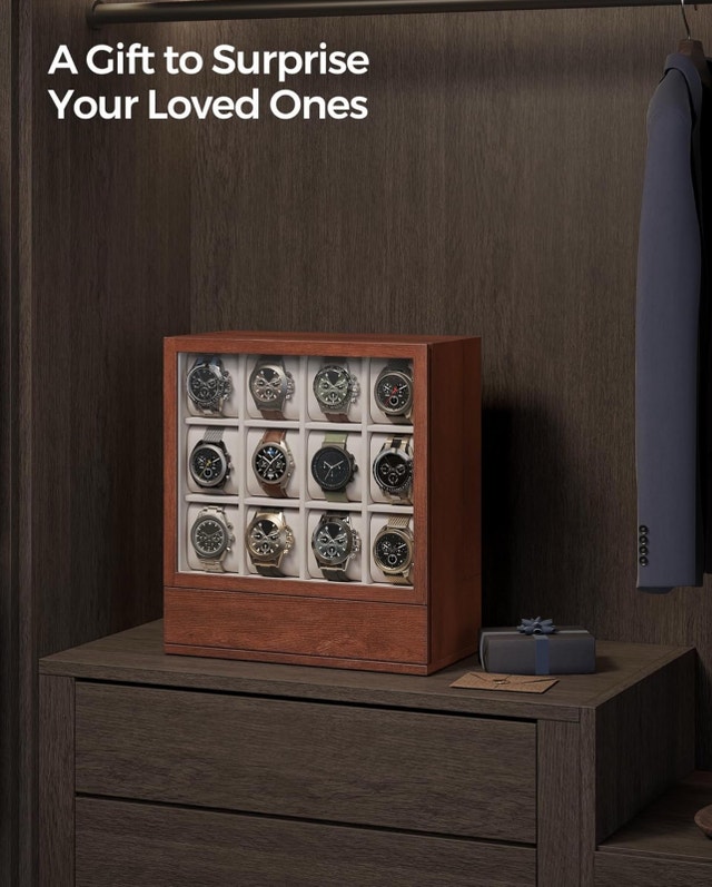 12-Slot Watch Box - Solid Wood Veneer, Coffee Brown - photo 4