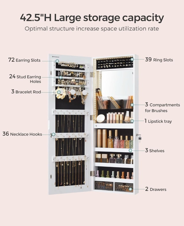 New Jewelry Cabinet with Light, Wall/Door Mounted - photo 3