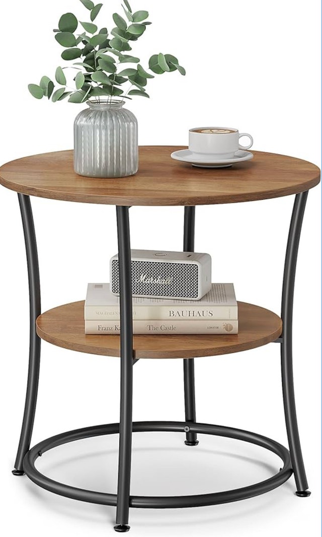 New Round Side Table, 2 Levels, Wood Grain & Metal Legs