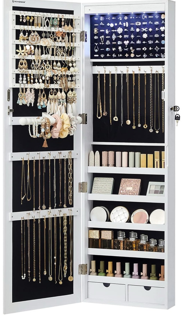 6 LED Mirror Jewelry Cabinet - Lockable, Wall/Door Mount
