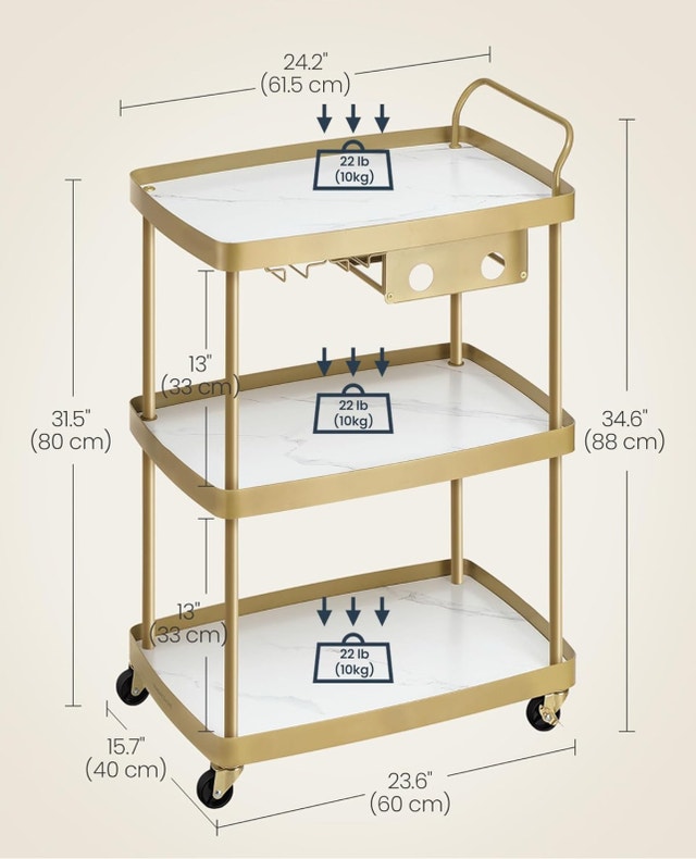 SONGMICS HOME Bar Cart - 3-Tier Gold & Marble - photo 2