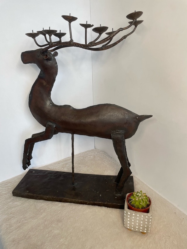 Vintage Brutalist Hand Forged Iron Candelabra Reindeer 23"