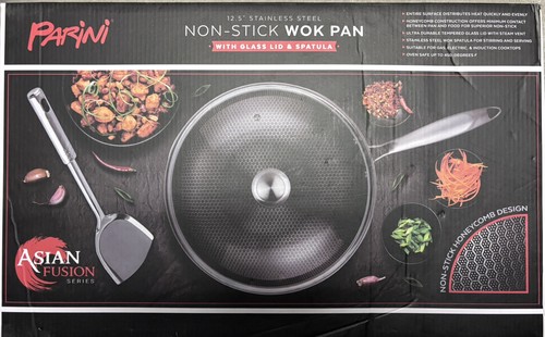 Parini 12.5" Stainless Steel Non-Stick Wok w/ Lid & Spatula NIB