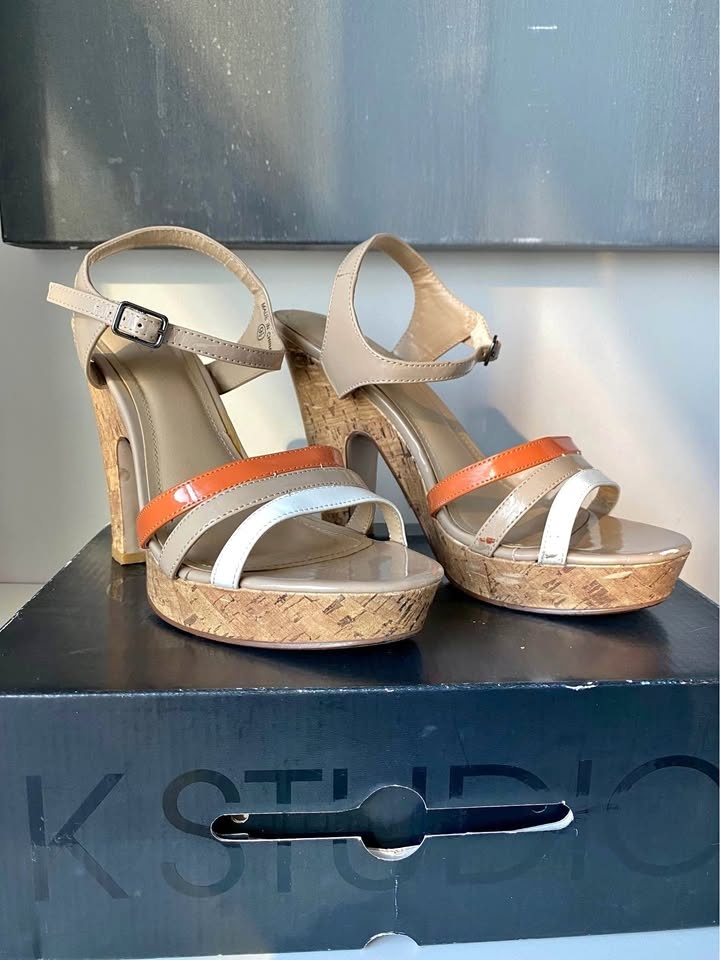 Wedge platform strappy heels orange beige white