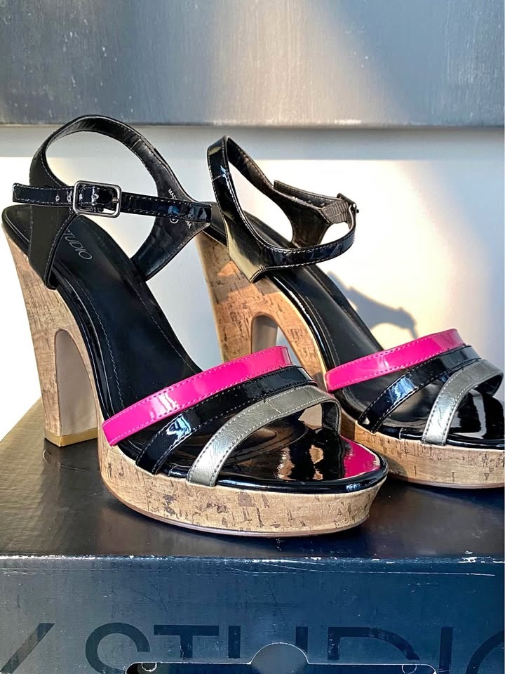Wedge Strappy platform high heels pink black sandals shoes