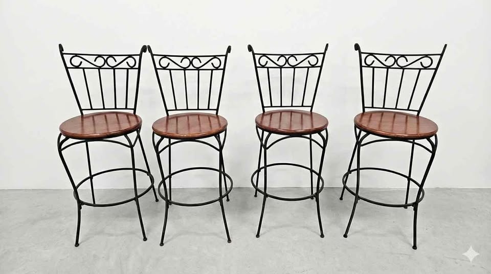 Set of 4 French Wrought Iron Wood Bar Stools