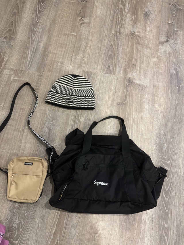 Supreme Duffle Bag, Shoulder Bag, and Hat