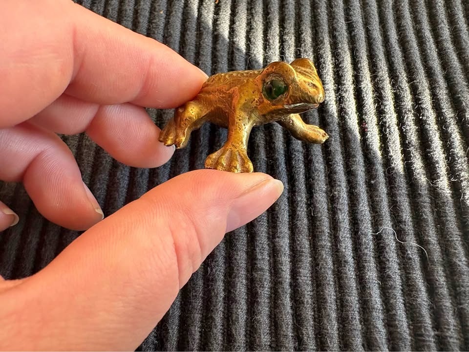 Vintage Brass Frog with Green Stone Eyes